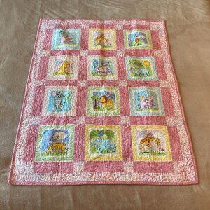 Vintage Handmade Baby Quilt Blanket Animal & Letter Squares Multipurpose 31x39